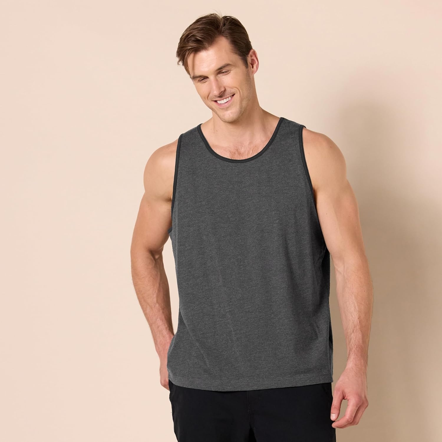 image:imageAmazon Essentials Mens RegularFit Sleeveless Tank TopsBlack Charcoal Heather