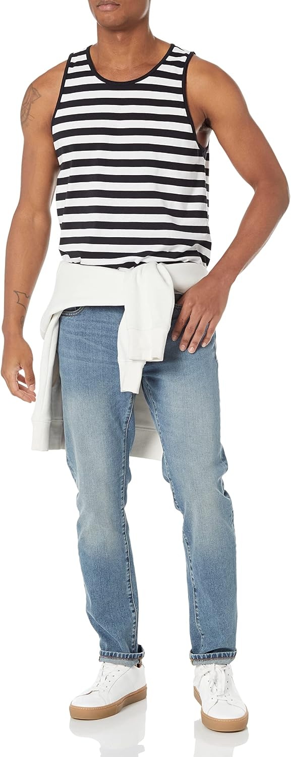 image:imageAmazon Essentials Mens RegularFit Sleeveless Tank TopsBlack White Horizontal Stripe