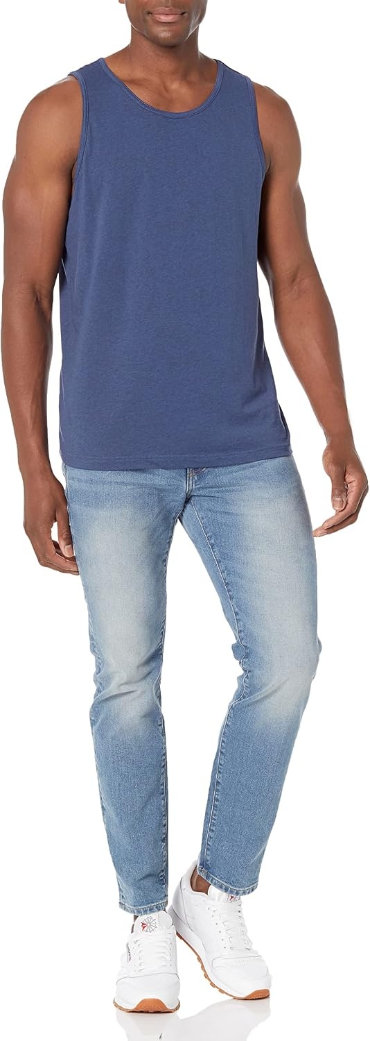 image:imageAmazon Essentials Mens RegularFit Sleeveless Tank TopsBlue Heather