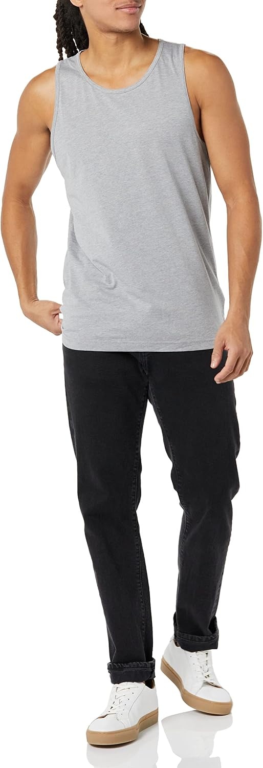 image:imageAmazon Essentials Mens RegularFit Sleeveless Tank TopsLight Grey Heather