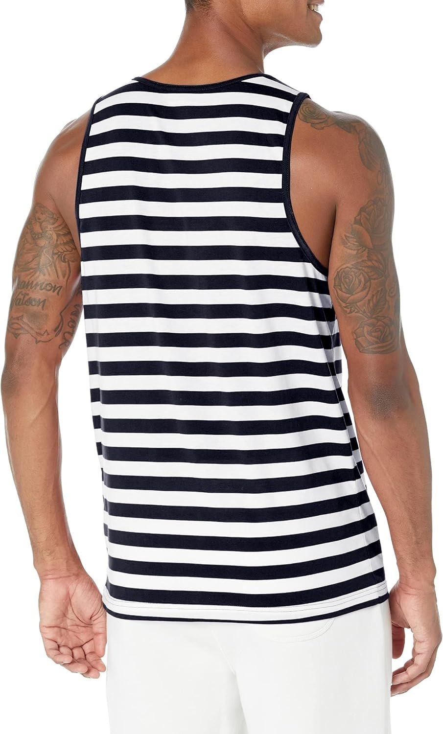 image:imageAmazon Essentials Mens RegularFit Sleeveless Tank TopsNavy White Stripe