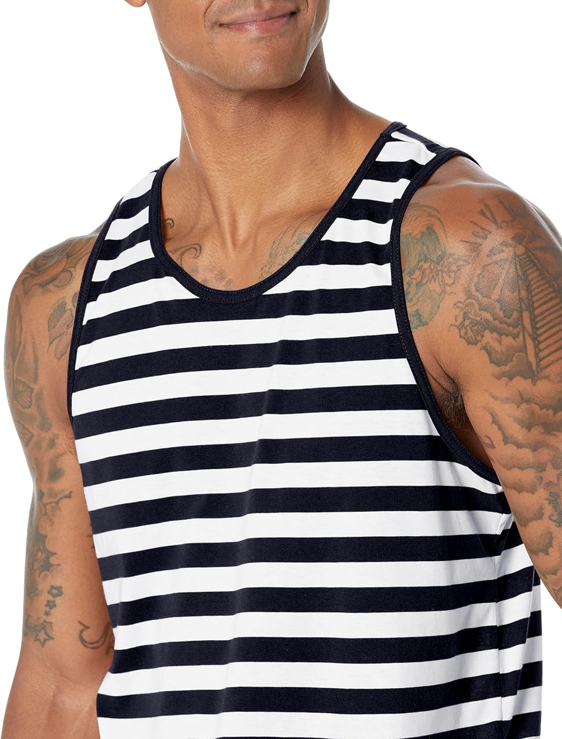 image:imageAmazon Essentials Mens RegularFit Sleeveless Tank TopsNavy White Stripe