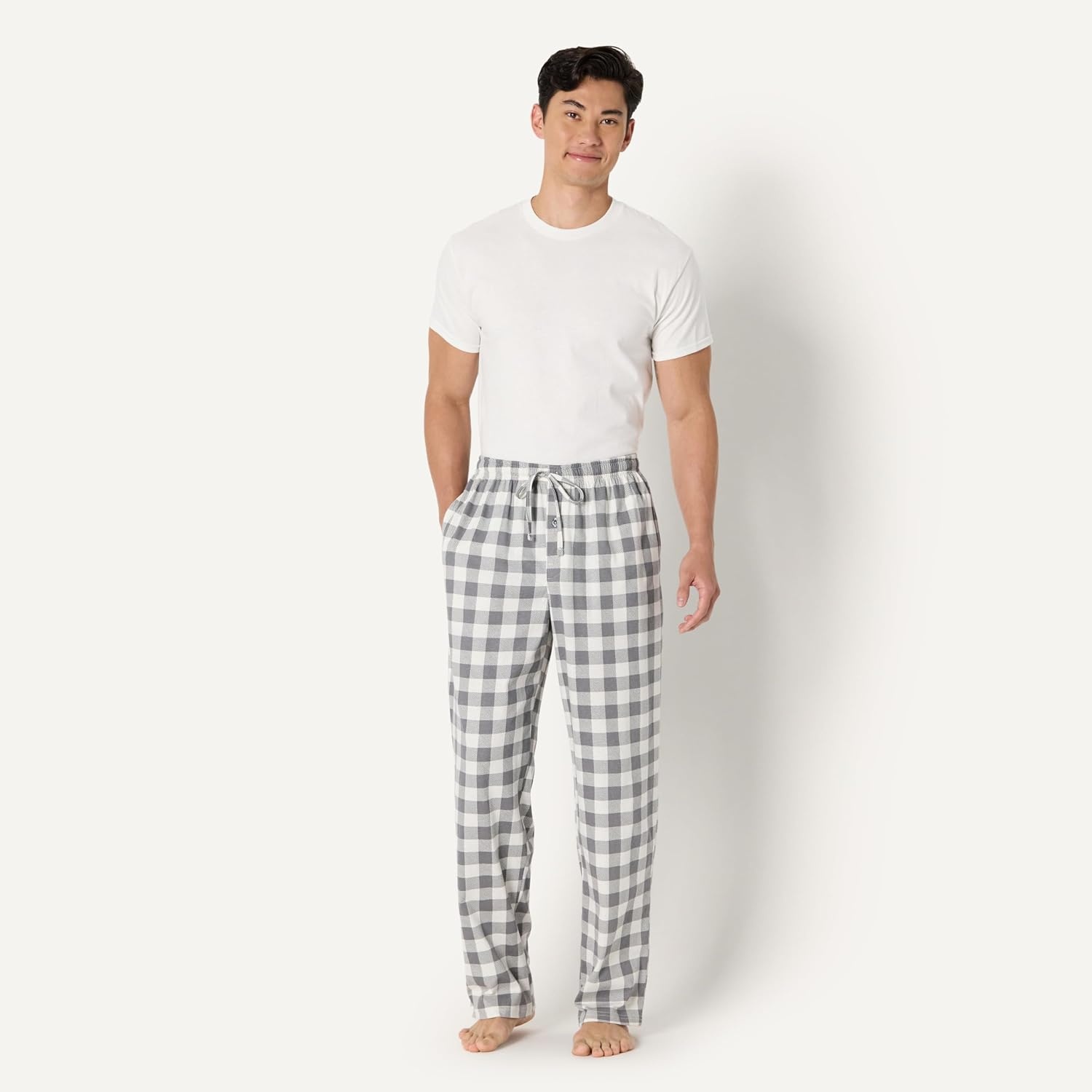image:imageAmazon Essentials Mens RelaxedFit Lightweight Cotton Knit Lounge Pajama PantsGrey Buffalo Check