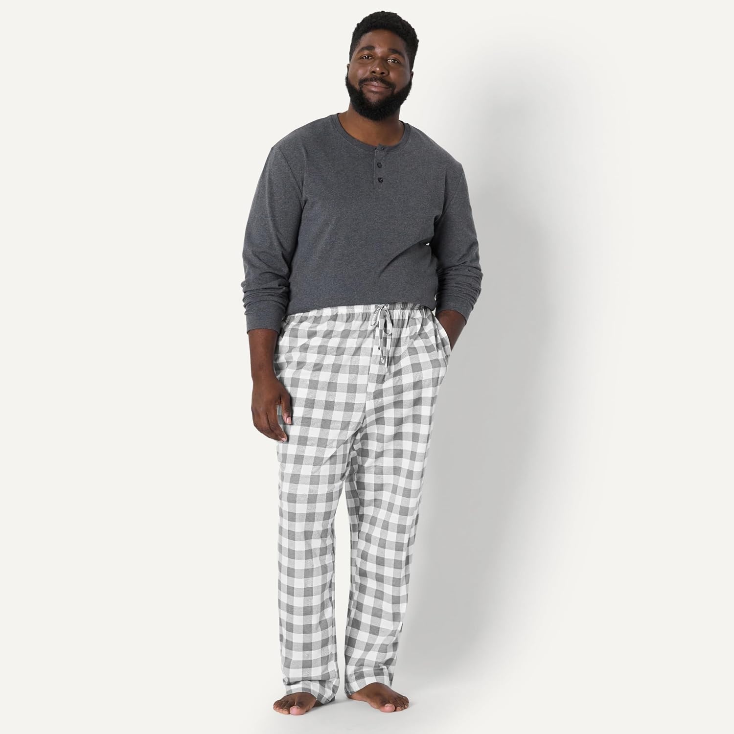 image:imageAmazon Essentials Mens RelaxedFit Lightweight Cotton Knit Lounge Pajama PantsGrey Buffalo Check