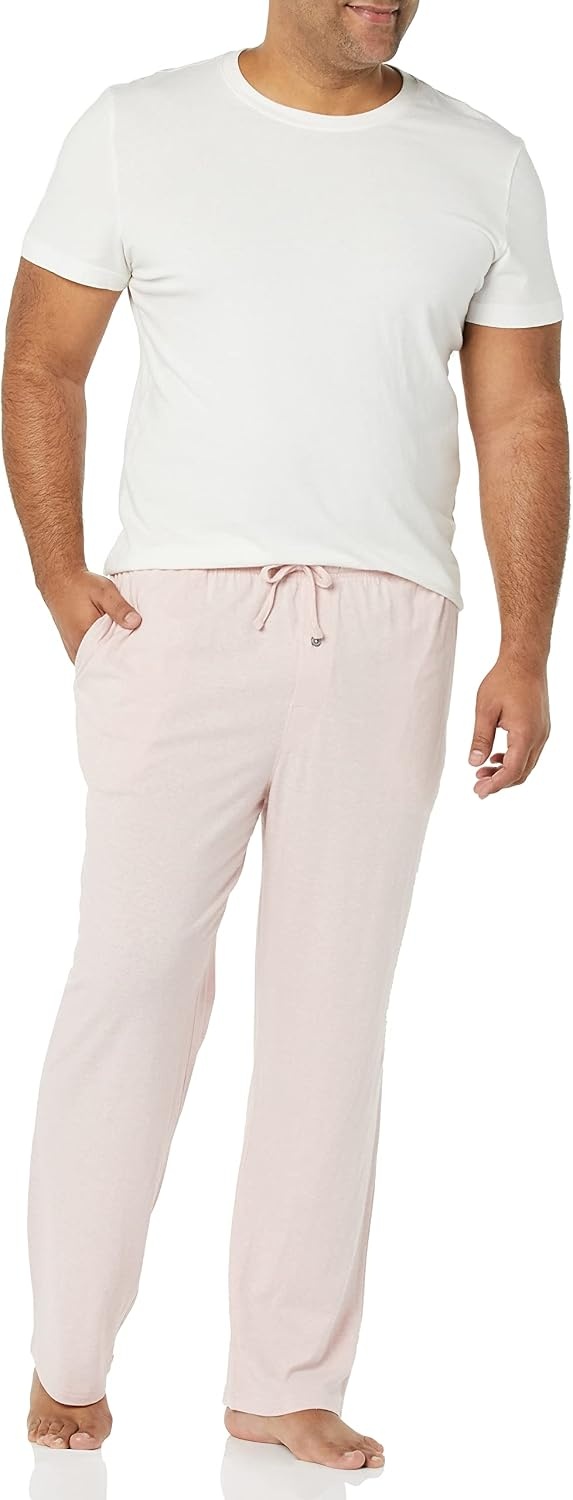 image:imageAmazon Essentials Mens RelaxedFit Lightweight Cotton Knit Lounge Pajama PantsPale Pink