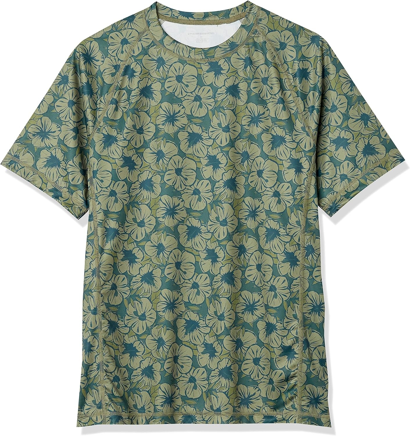 image:imageAmazon Essentials Mens SlimFit ShortSleeve QuickDry UPF 50 Swim Tee Breathable Stretchable Fabric Raglan SeamsOlive Hibiscus Flower