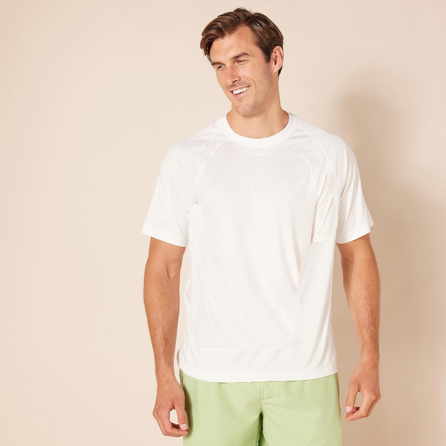 image:imageAmazon Essentials Mens SlimFit ShortSleeve QuickDry UPF 50 Swim Tee Breathable Stretchable Fabric Raglan SeamsWhite