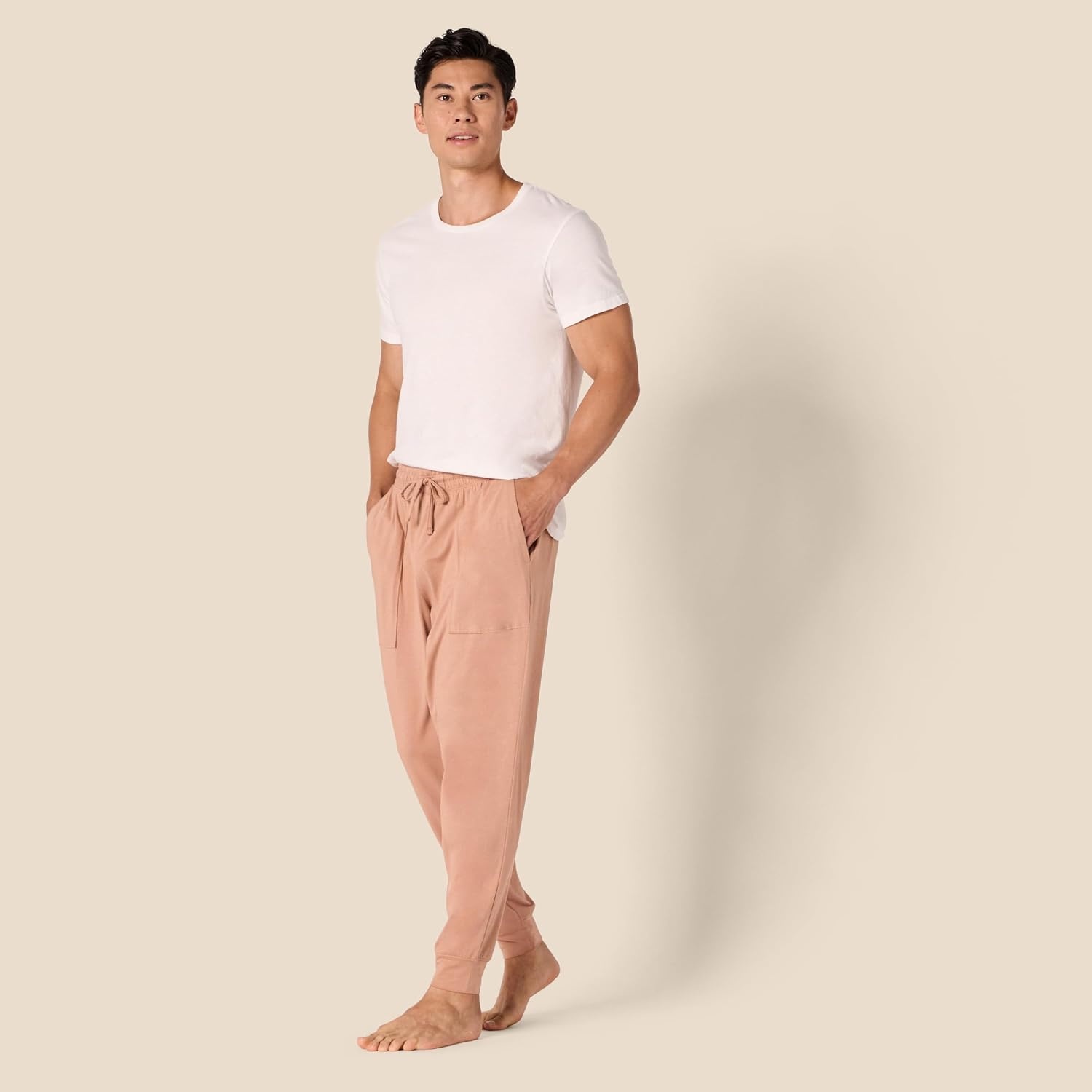 image:imageAmazon Essentials Mens Soft Lightweight Knit Cotton Blend Jogger Pajama PantsLight Brown