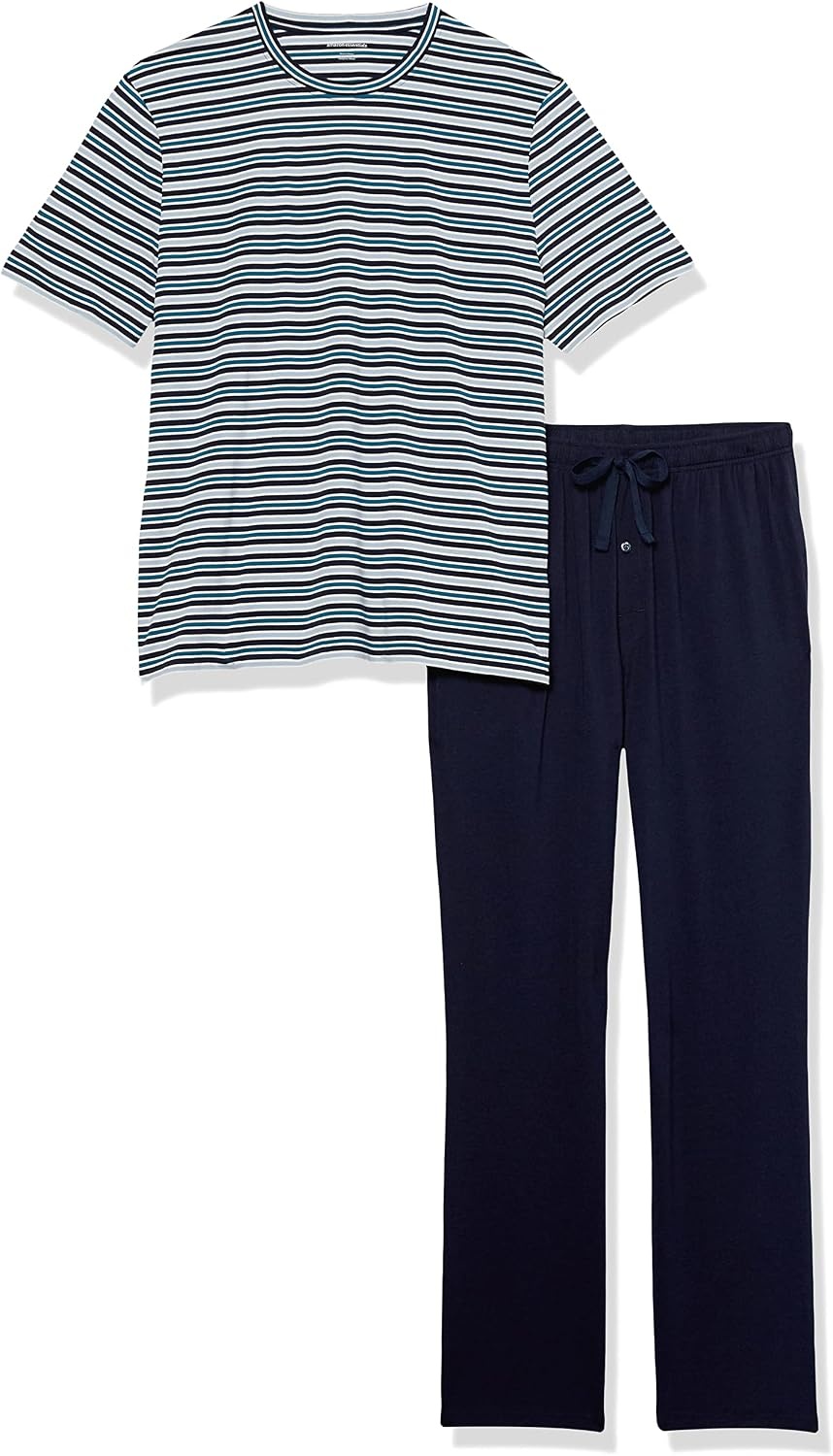 image:imageAmazon Essentials Mens Super Soft Modal Cotton Pajama Set TShirt and FullLength Bottoms LoungewearBlack Navy Mix Stripe