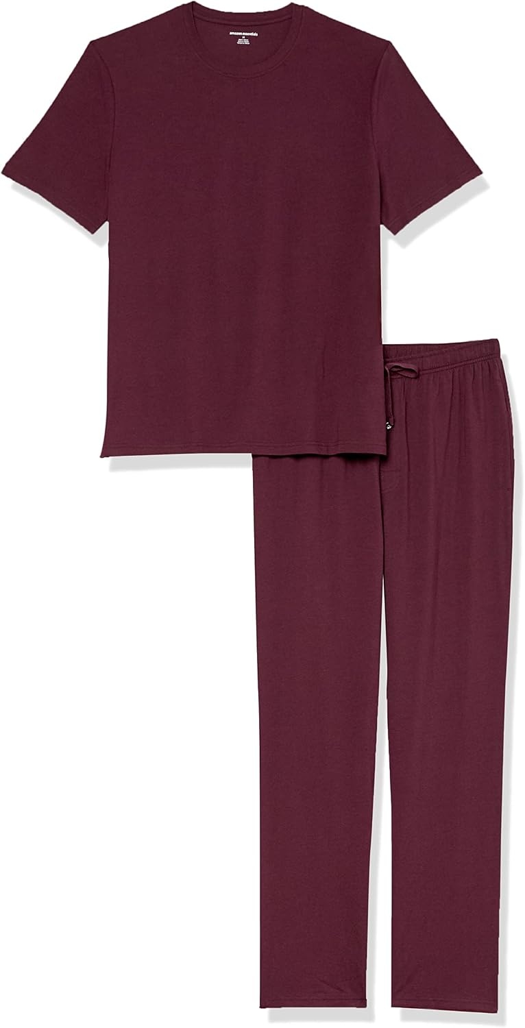 image:imageAmazon Essentials Mens Super Soft Modal Cotton Pajama Set TShirt and FullLength Bottoms LoungewearDark Burgundy