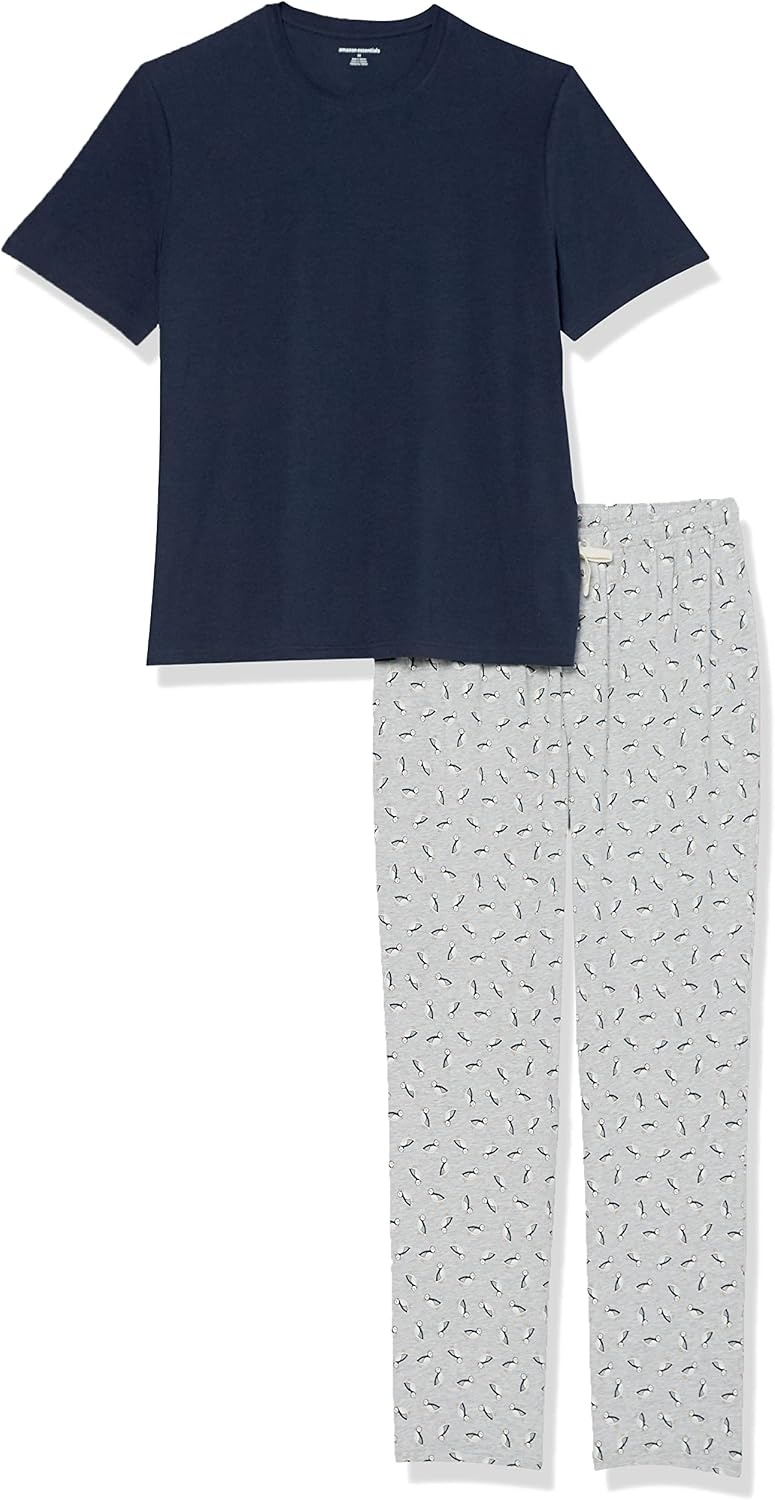 image:imageAmazon Essentials Mens Super Soft Modal Cotton Pajama Set TShirt and FullLength Bottoms LoungewearGrey Puffin