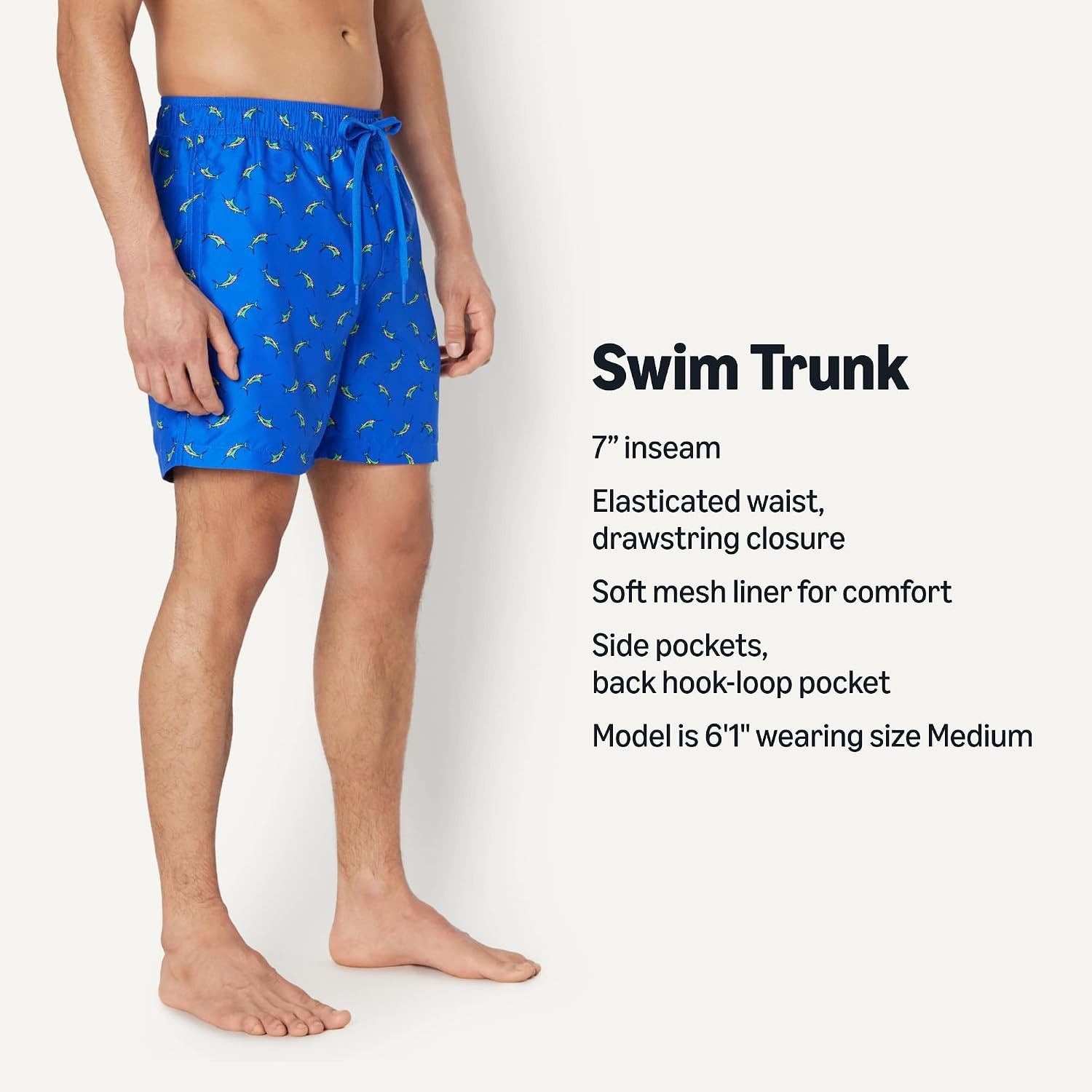 image:imageAmazon Essentials Mens Swim Trunks with Mesh Lining Pockets Drawstring ClosureBright Blue Swordfish