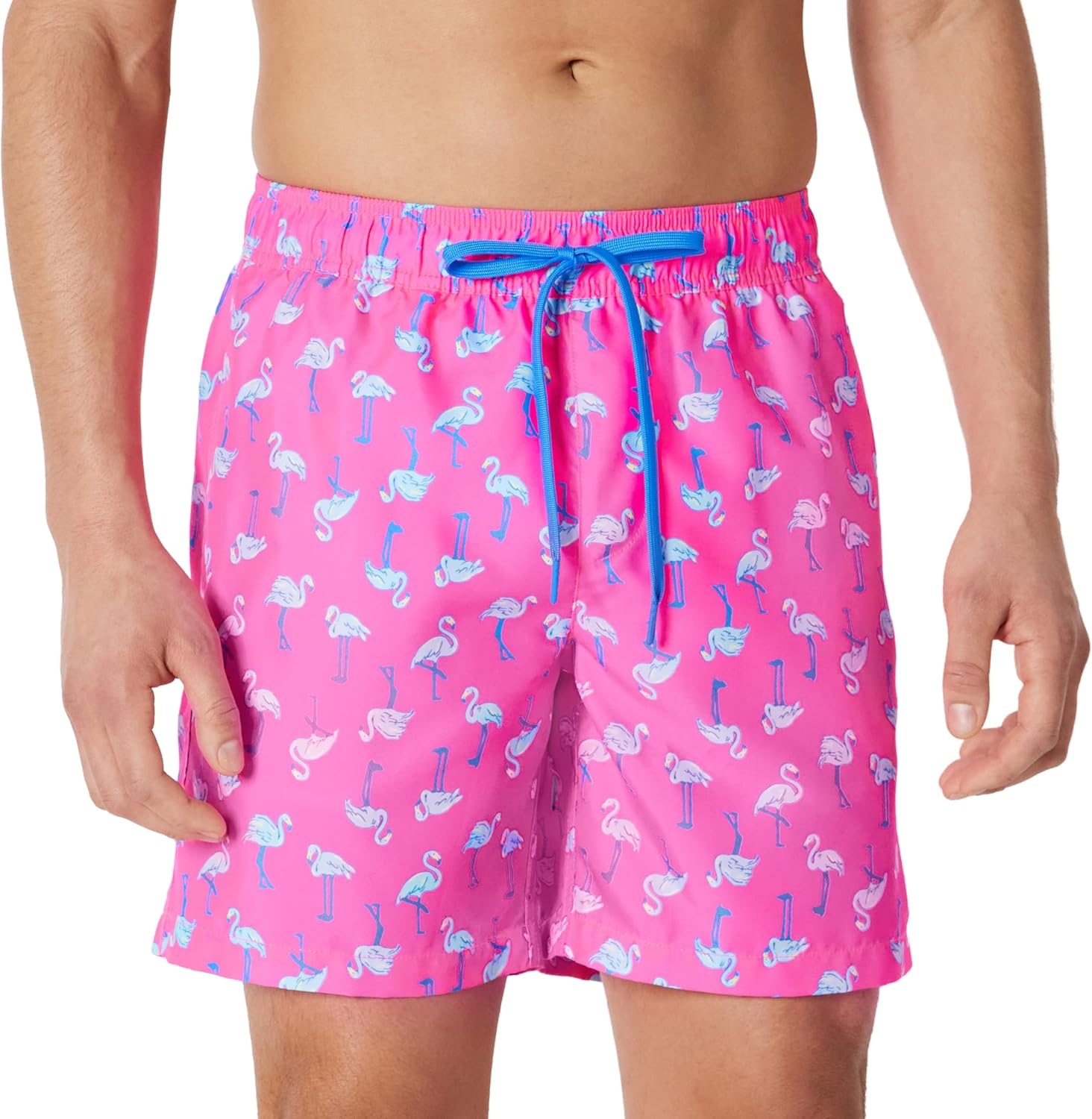 image:imageAmazon Essentials Mens Swim Trunks with Mesh Lining Pockets Drawstring ClosureBright Pink Flamingo