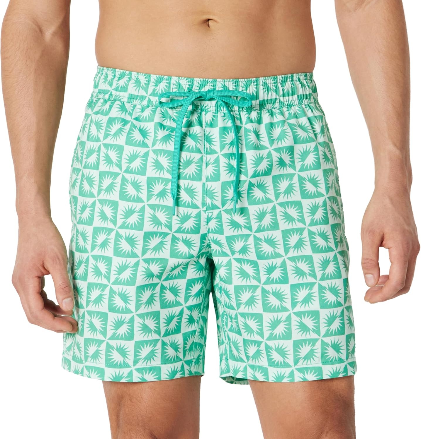 image:imageAmazon Essentials Mens Swim Trunks with Mesh Lining Pockets Drawstring ClosureLight Blue Mint Green Sun Geo