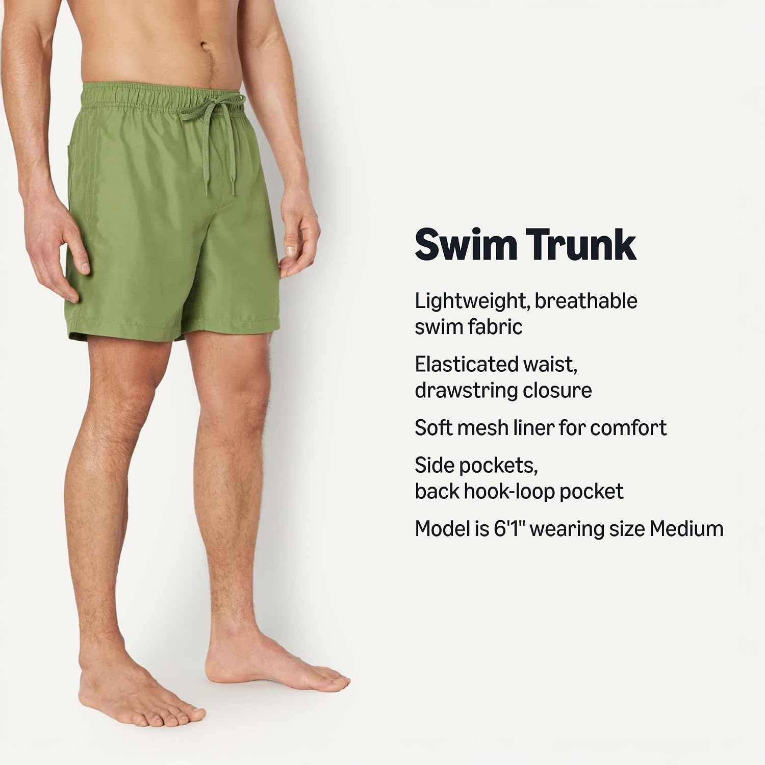 image:imageAmazon Essentials Mens Swim Trunks with Mesh Lining Pockets Drawstring ClosureOlive