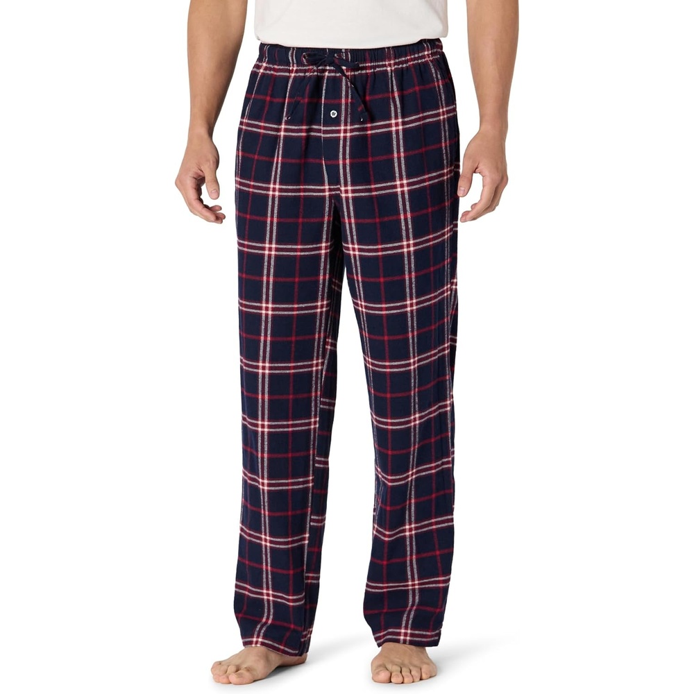 image:imageAmazon Essentials Mens 100 Cotton Flannel Sleep Pant Relaxed Fit Lounge Pants with Elastic Waist and DrawstringNavy Red Plaid