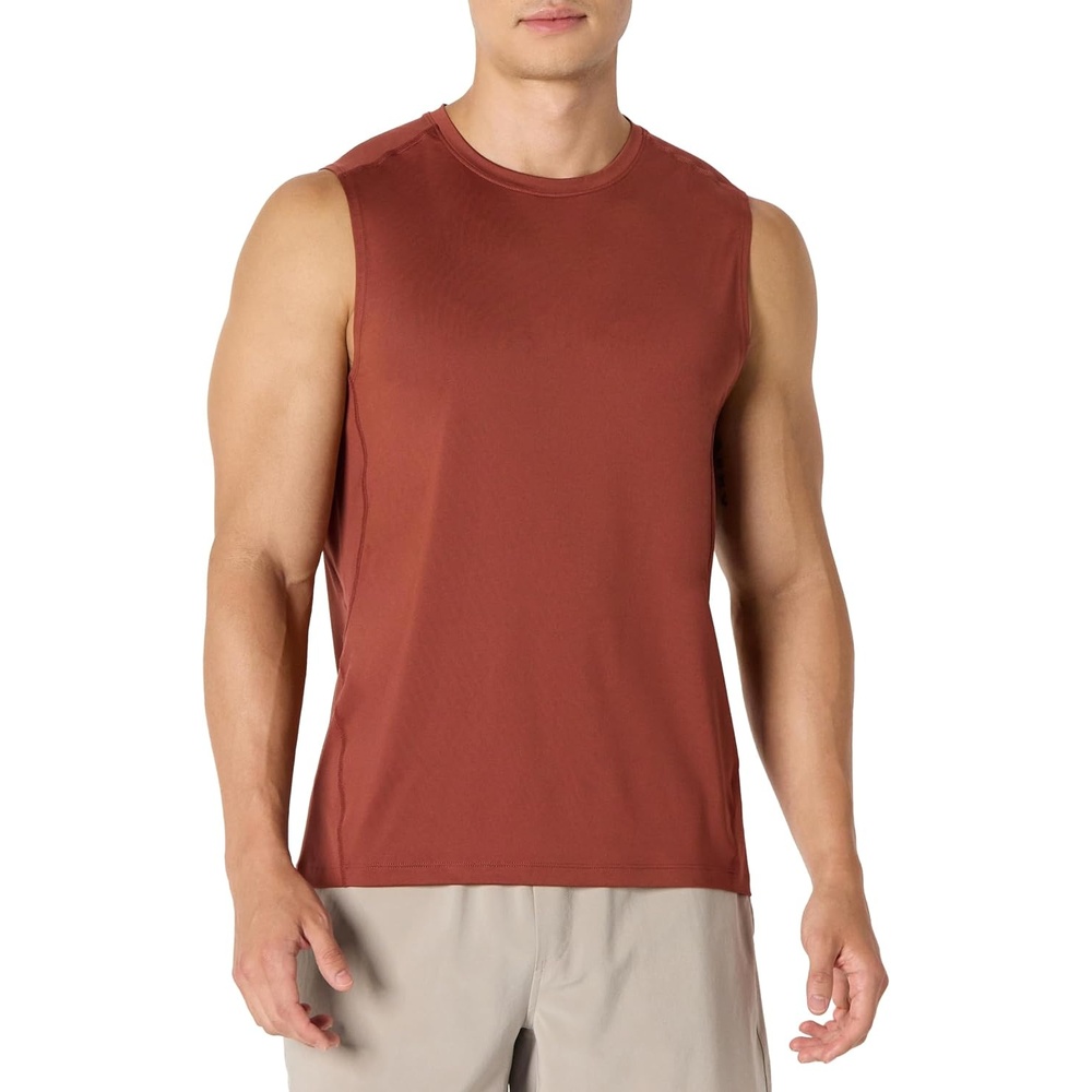 image:imageAmazon Essentials Mens Active Quick Dry MoistureWicking Tech Stretch Lightweight Sleeveless Muscle ShirtRich Chestnut Brown