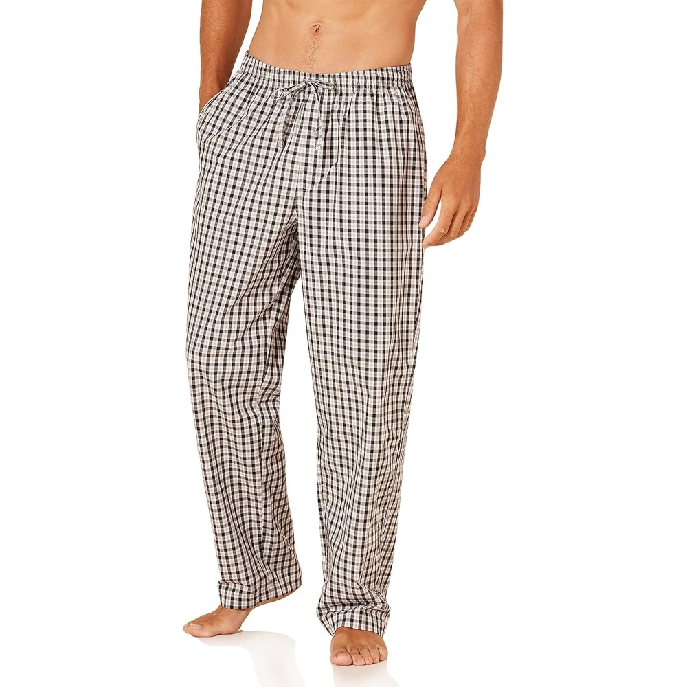 image:imageAmazon Essentials Mens Cotton Poplin StraightFit Pajama Pants with Pockets Elastic Waist DrawstringBlack Grey Plaid