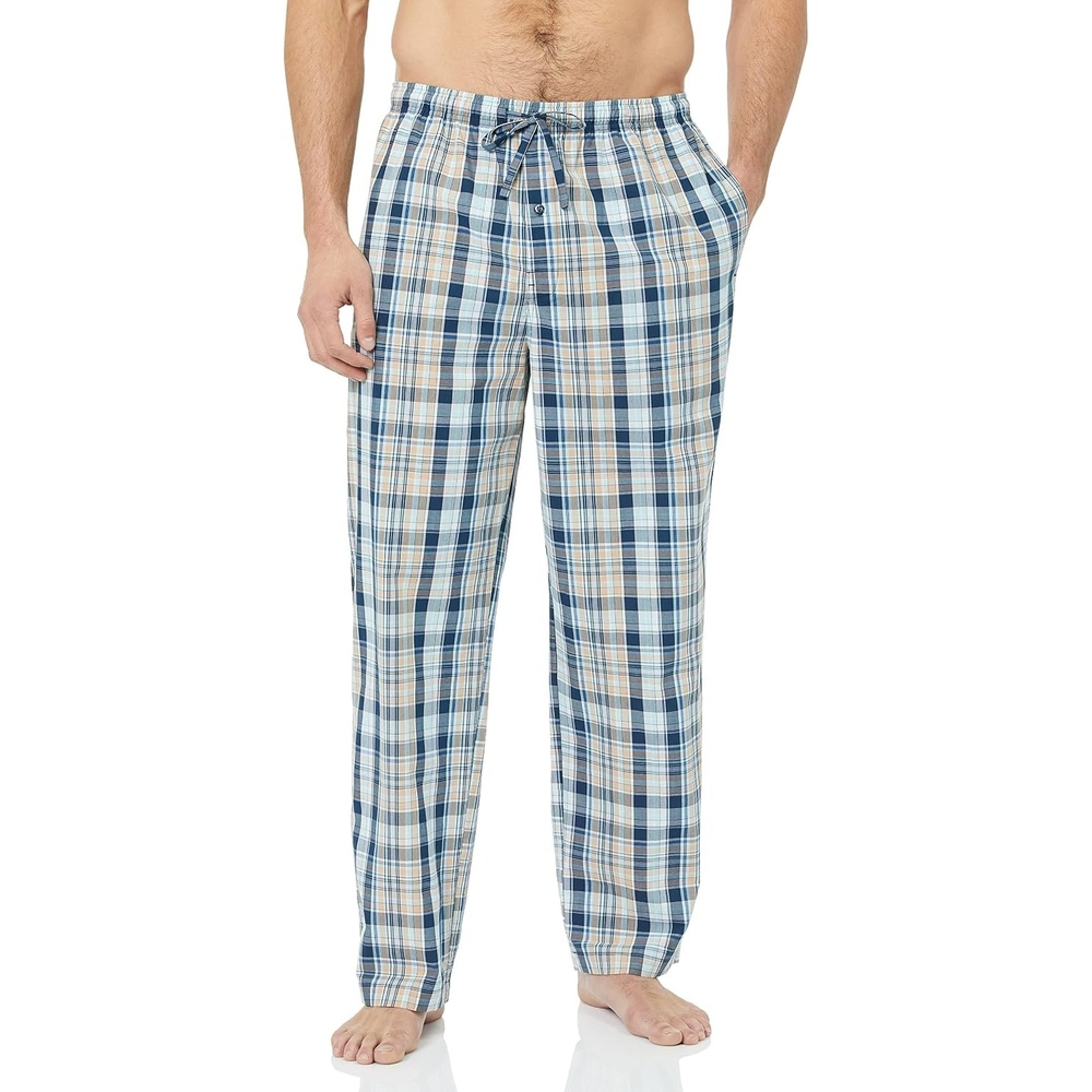 image:imageAmazon Essentials Mens Cotton Poplin StraightFit Pajama Pants with Pockets Elastic Waist DrawstringBlue Light Orange Madras Plaid