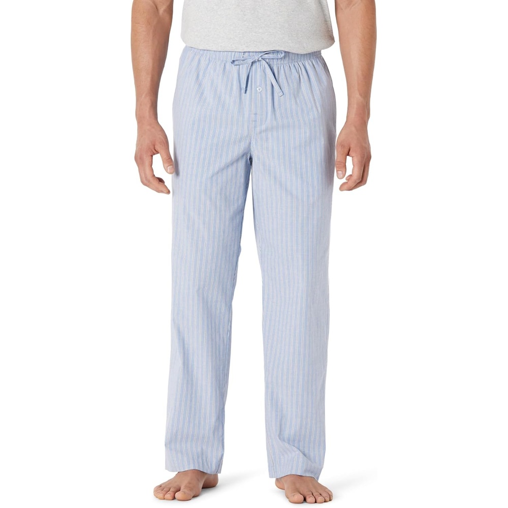 image:imageAmazon Essentials Mens Cotton Poplin StraightFit Pajama Pants with Pockets Elastic Waist DrawstringCornflower Blue Thin Stripe