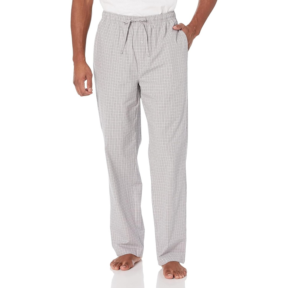 image:imageAmazon Essentials Mens Cotton Poplin StraightFit Pajama Pants with Pockets Elastic Waist DrawstringGrey Plaid