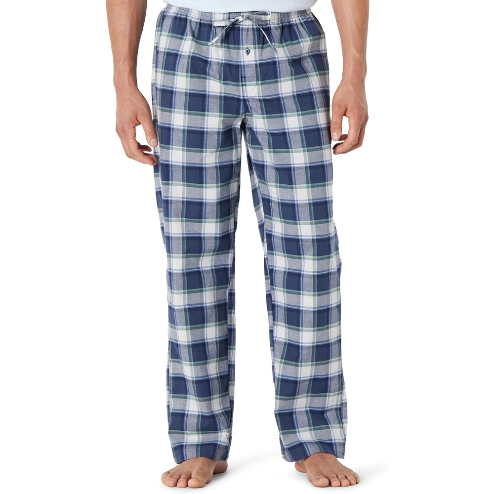 image:imageAmazon Essentials Mens Cotton Poplin StraightFit Pajama Pants with Pockets Elastic Waist DrawstringIndigo Country Plaid