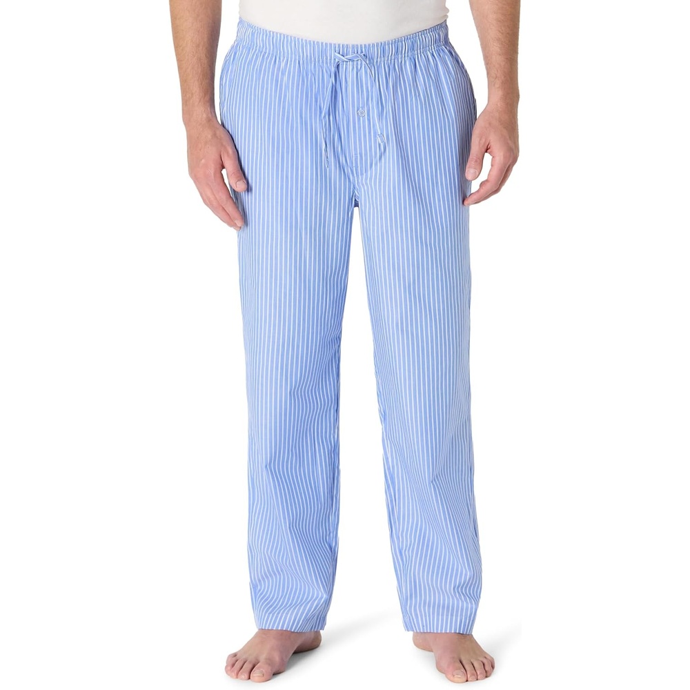 image:imageAmazon Essentials Mens Cotton Poplin StraightFit Pajama Pants with Pockets Elastic Waist DrawstringLight Blue Stripe