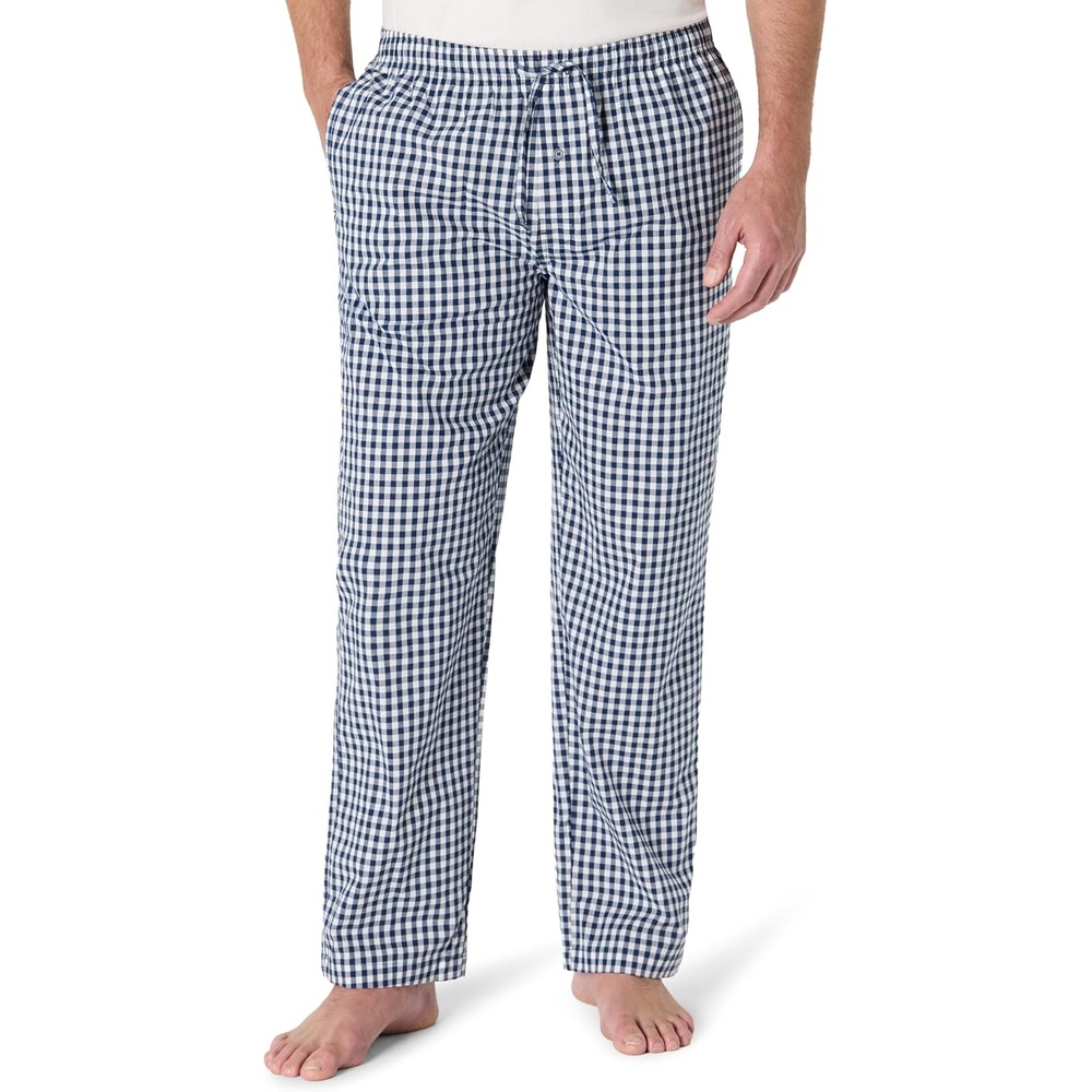 image:imageAmazon Essentials Mens Cotton Poplin StraightFit Pajama Pants with Pockets Elastic Waist DrawstringNavy Gingham