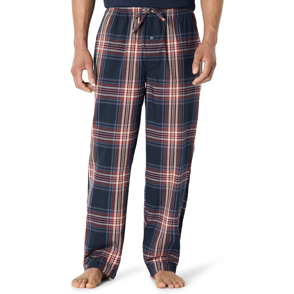 image:imageAmazon Essentials Mens Cotton Poplin StraightFit Pajama Pants with Pockets Elastic Waist DrawstringNavy Large Scale Plaid
