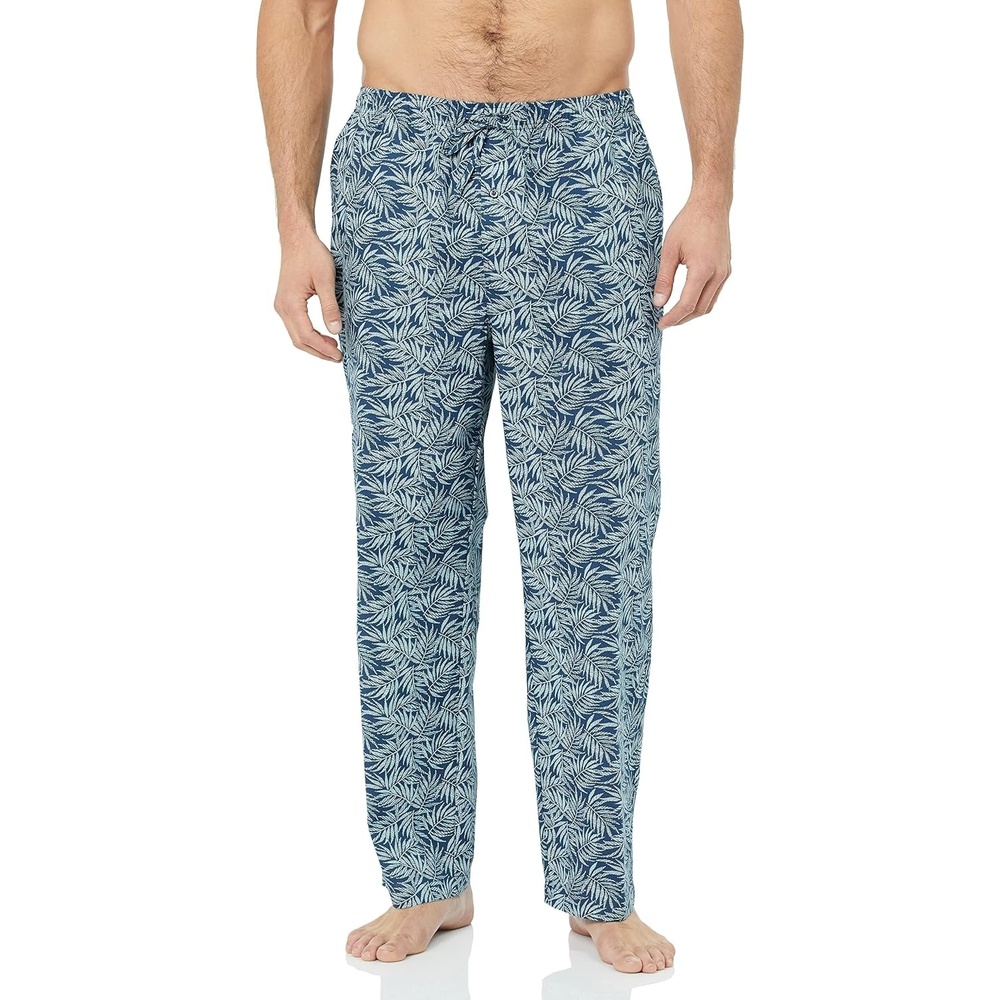 image:imageAmazon Essentials Mens Cotton Poplin StraightFit Pajama Pants with Pockets Elastic Waist DrawstringNavy White Palm Leaf