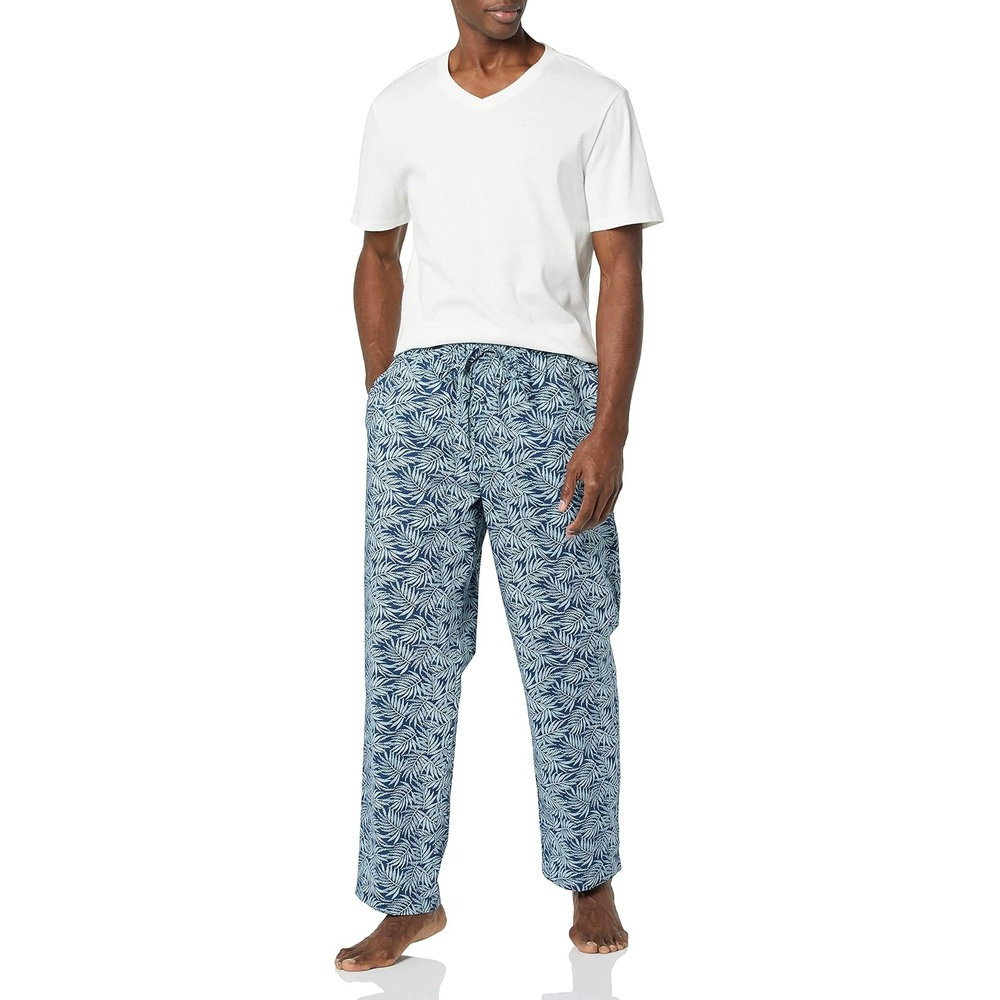 image:imageAmazon Essentials Mens Cotton Stretch Poplin Pant with Cotton Jersey TShirt Pajama SetBlue Palm LeafWhite