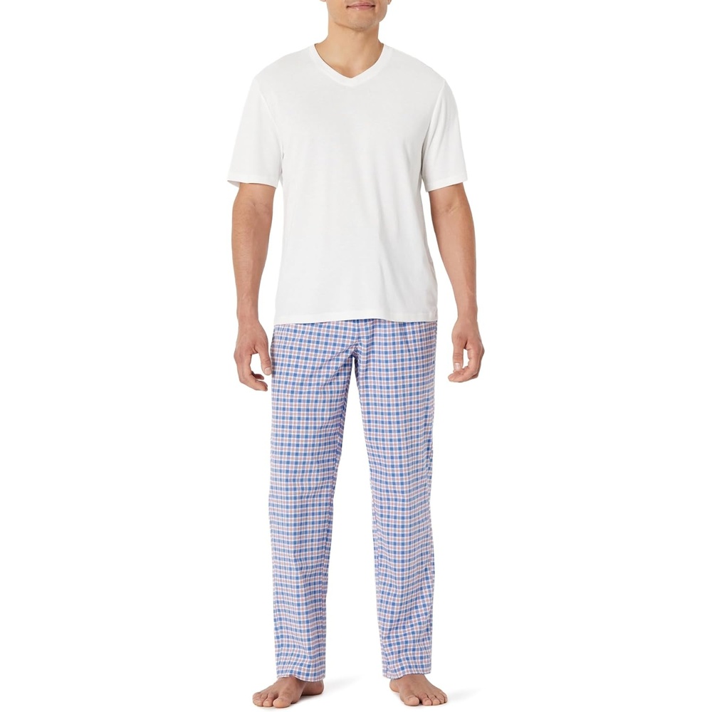 image:imageAmazon Essentials Mens Cotton Stretch Poplin Pant with Cotton Jersey TShirt Pajama SetCheckIvory