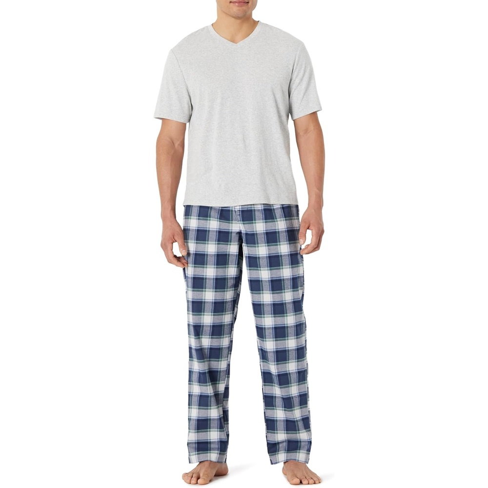 image:imageAmazon Essentials Mens Cotton Stretch Poplin Pant with Cotton Jersey TShirt Pajama SetCountry PlaidLight Grey Heather
