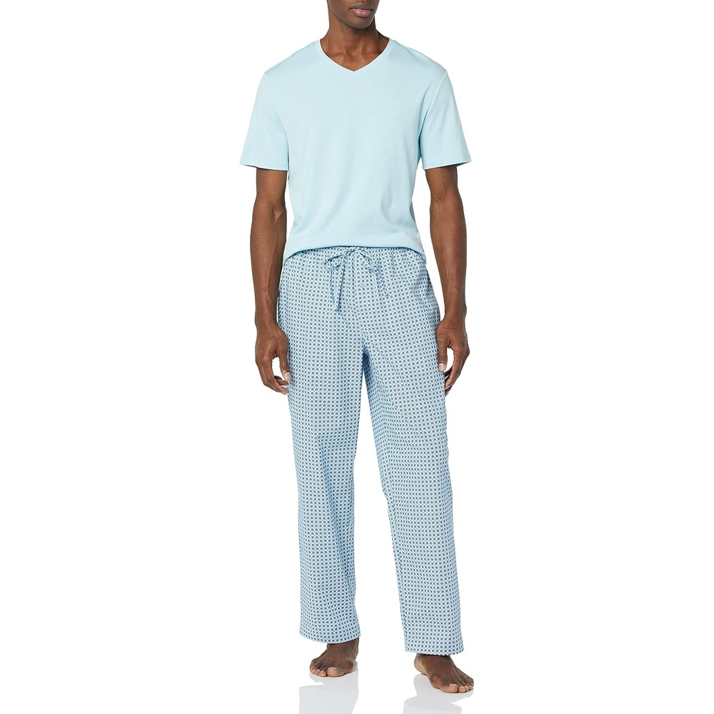 image:imageAmazon Essentials Mens Cotton Stretch Poplin Pant with Cotton Jersey TShirt Pajama SetLight Blue Geo Print