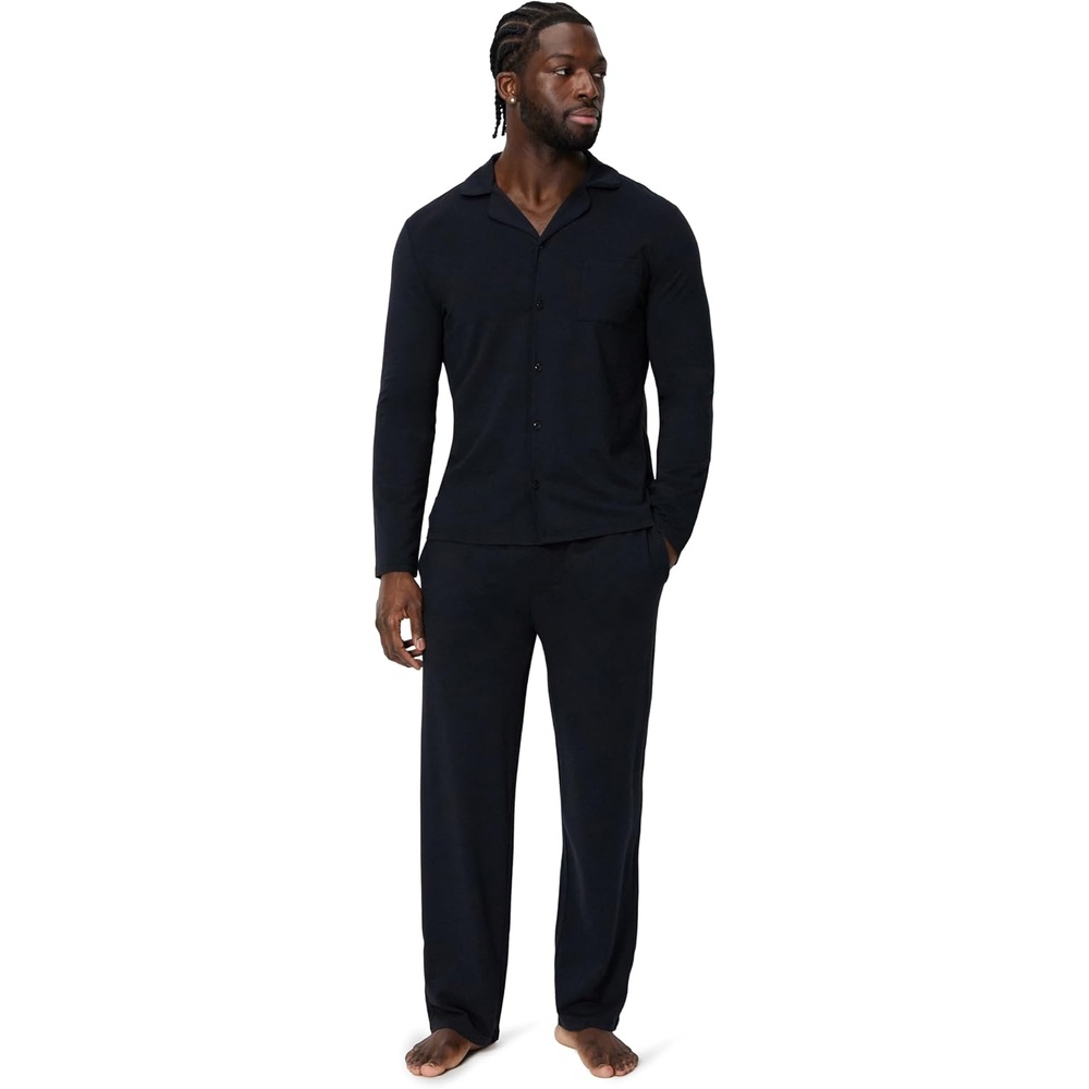 image:imageAmazon Essentials Mens CottonModal Pajama Set Long Sleeve ButtonDown Top with PantsBlack