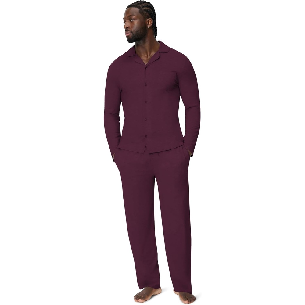 image:imageAmazon Essentials Mens CottonModal Pajama Set Long Sleeve ButtonDown Top with PantsDark Burgundy