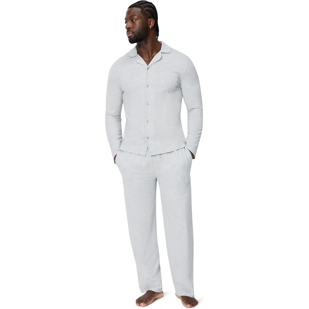 image:imageAmazon Essentials Mens CottonModal Pajama Set Long Sleeve ButtonDown Top with PantsLight Grey Heather