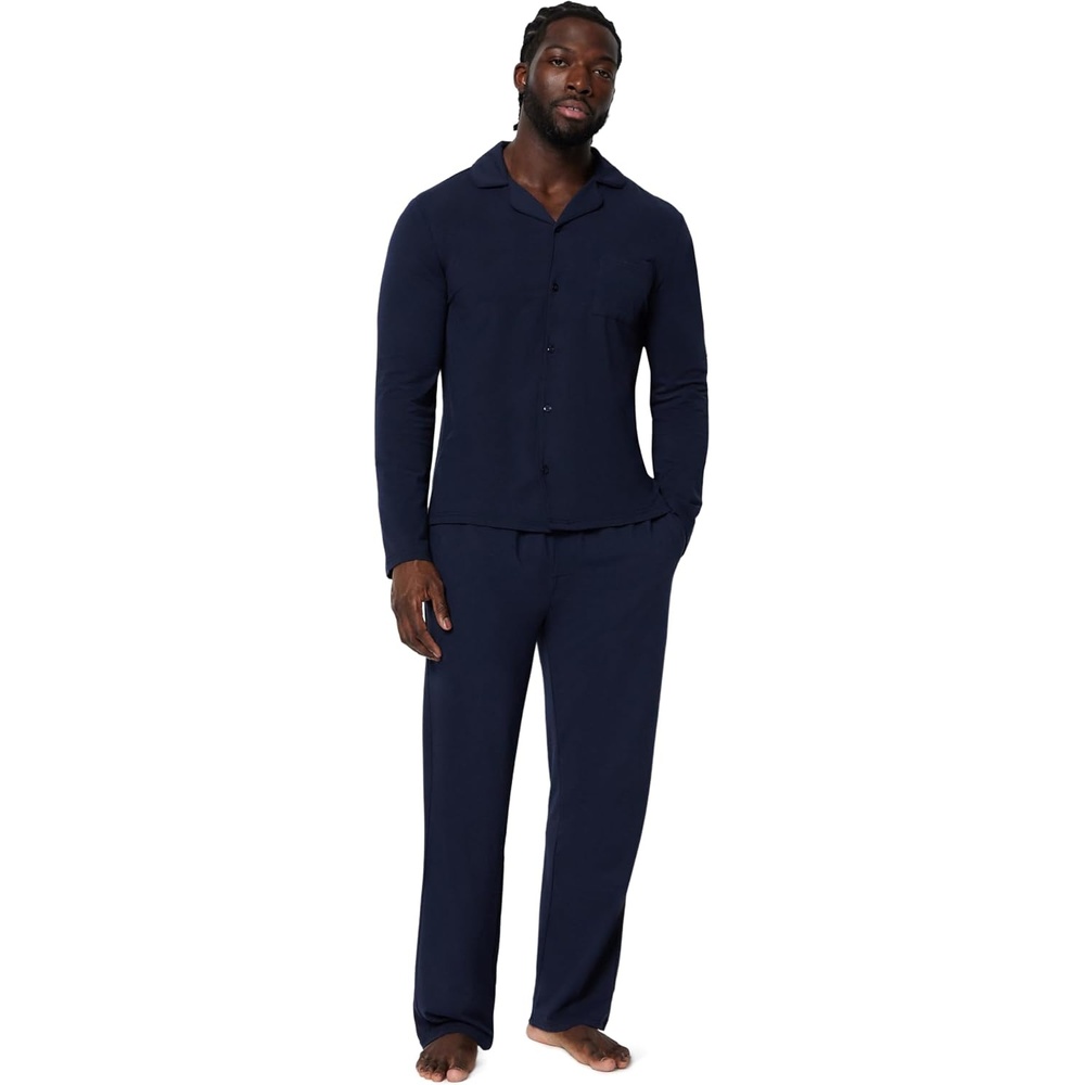 image:imageAmazon Essentials Mens CottonModal Pajama Set Long Sleeve ButtonDown Top with PantsNavy