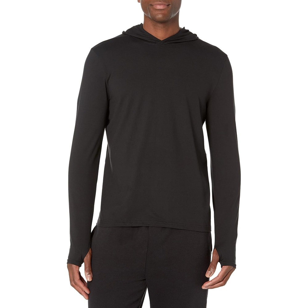 image:imageAmazon Essentials Mens Long Sleeve Quick Dry Performance Tech Hooded Workout TShirtBlack