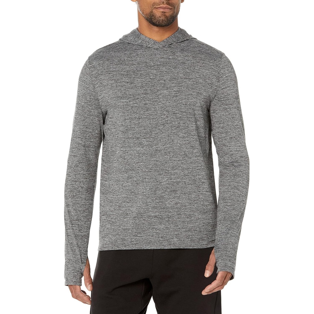 image:imageAmazon Essentials Mens Long Sleeve Quick Dry Performance Tech Hooded Workout TShirtGrey Space Dye