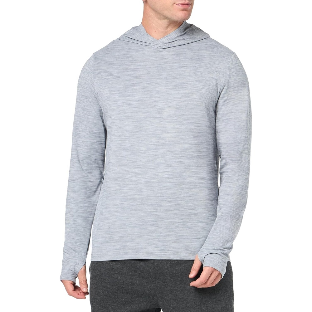 image:imageAmazon Essentials Mens Long Sleeve Quick Dry Performance Tech Hooded Workout TShirtLight Grey Space Dye