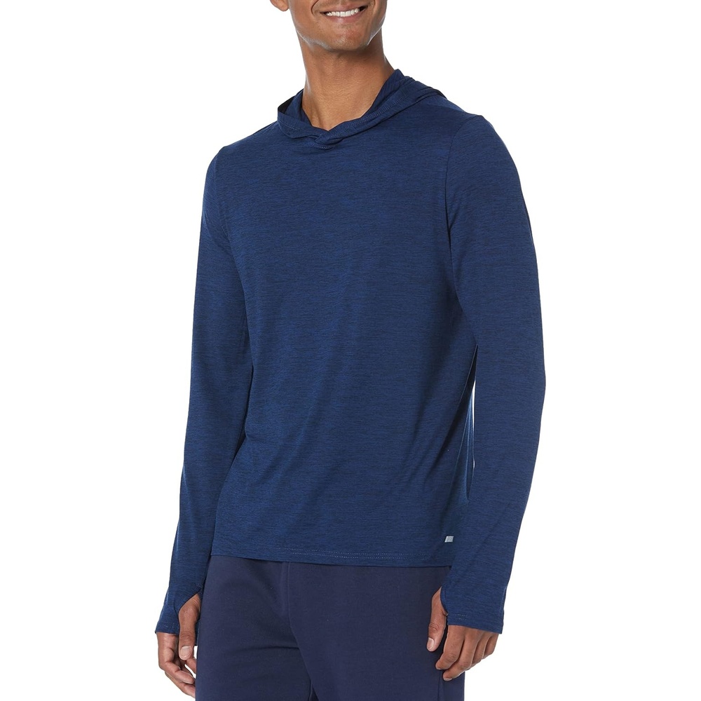 image:imageAmazon Essentials Mens Long Sleeve Quick Dry Performance Tech Hooded Workout TShirtNavy Space Dye