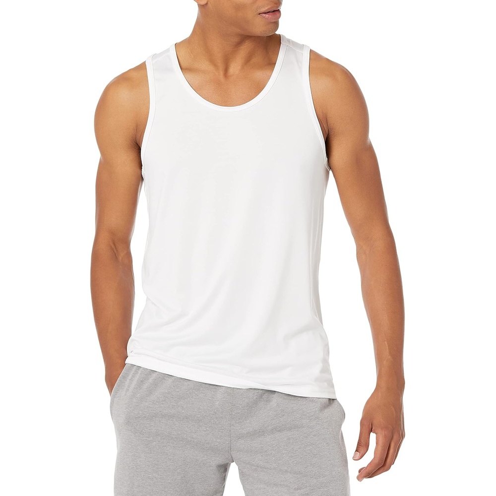 image:imageAmazon Essentials Mens Quick Dry Tech Stretch Active Sleeveless Gym Tank Top Workout ShirtBright White
