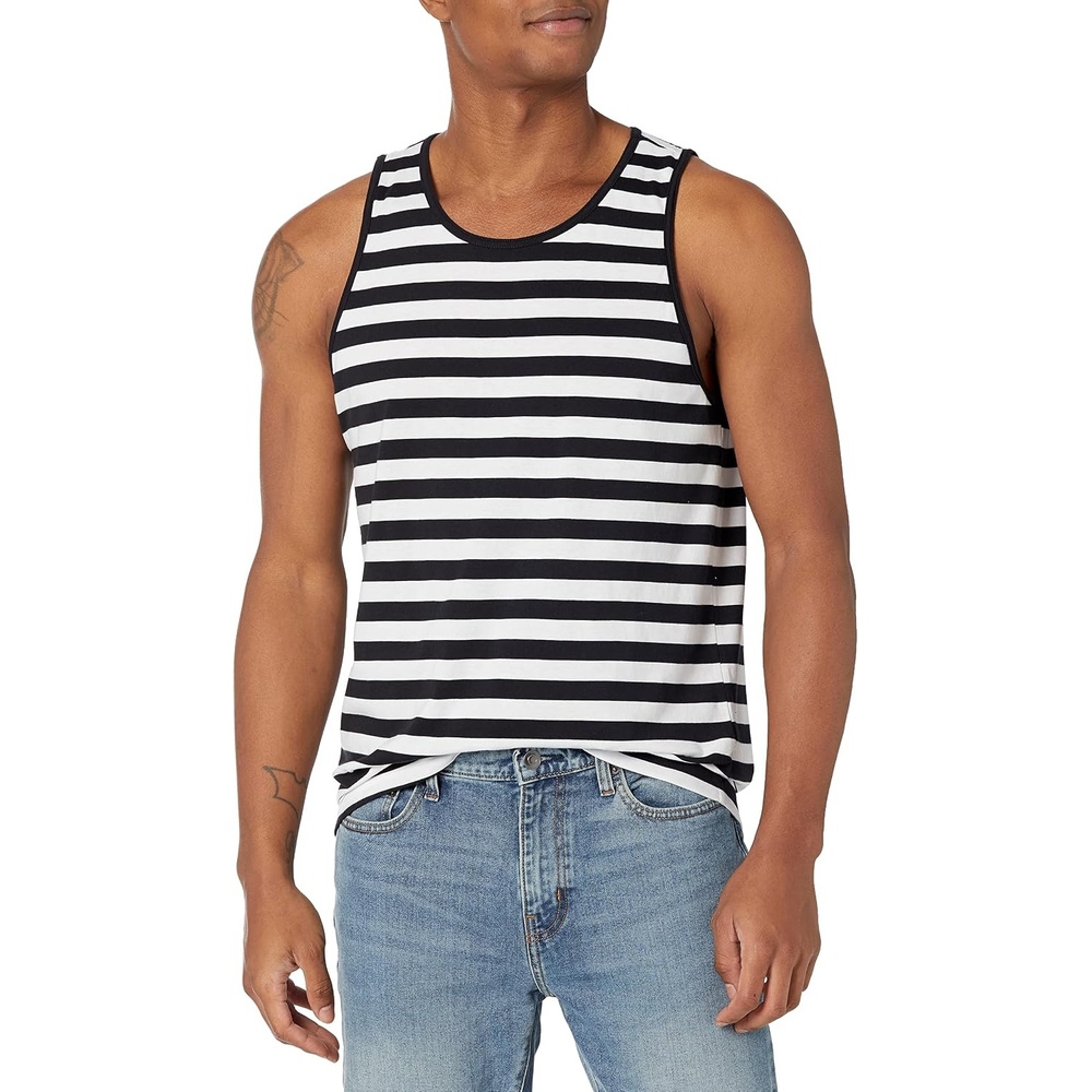 image:imageAmazon Essentials Mens RegularFit Sleeveless Tank TopsBlack White Horizontal Stripe