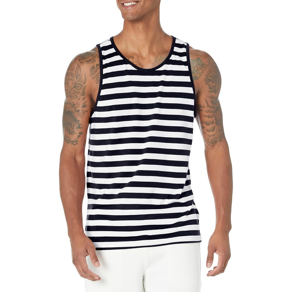 image:imageAmazon Essentials Mens RegularFit Sleeveless Tank TopsNavy White Stripe