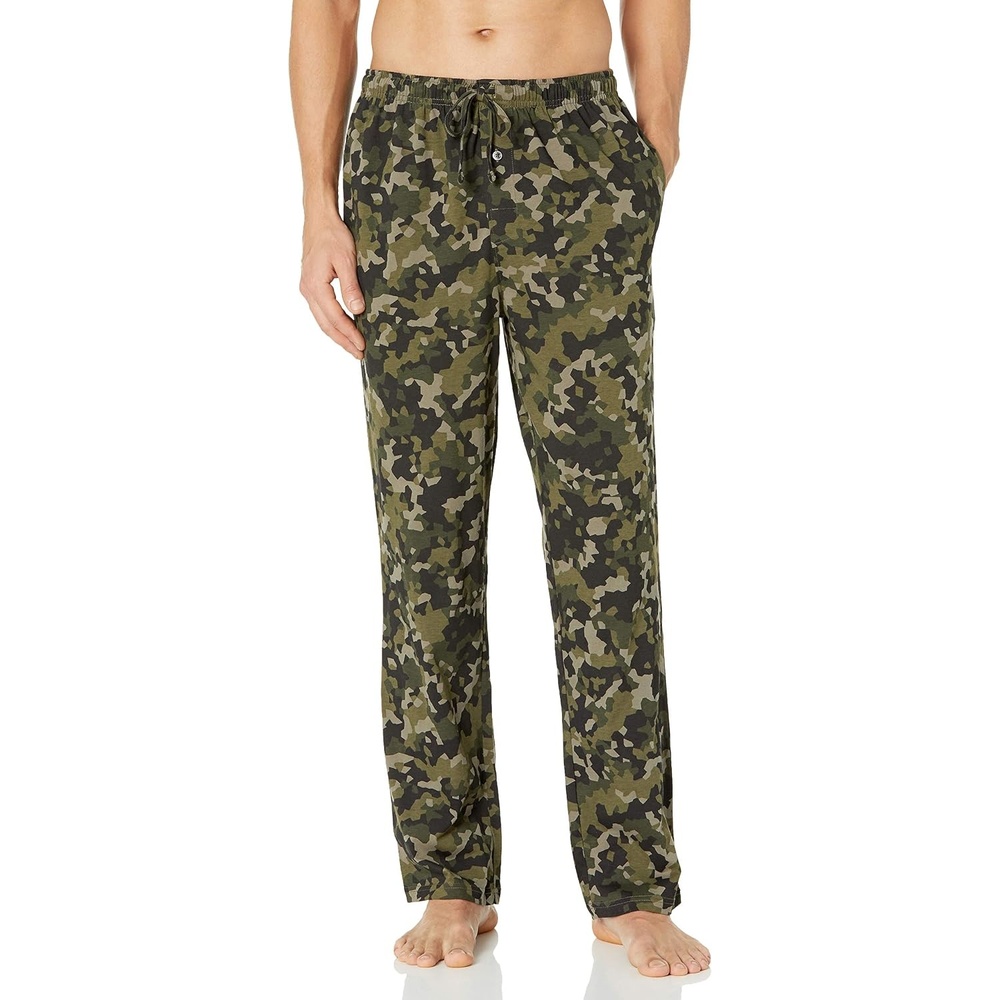 image:imageAmazon Essentials Mens RelaxedFit Lightweight Cotton Knit Lounge Pajama PantsOlive Geo Camo