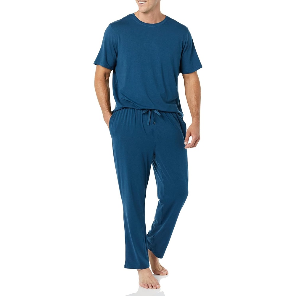 image:imageAmazon Essentials Mens Super Soft Modal Cotton Pajama Set TShirt and FullLength Bottoms LoungewearDark Blue