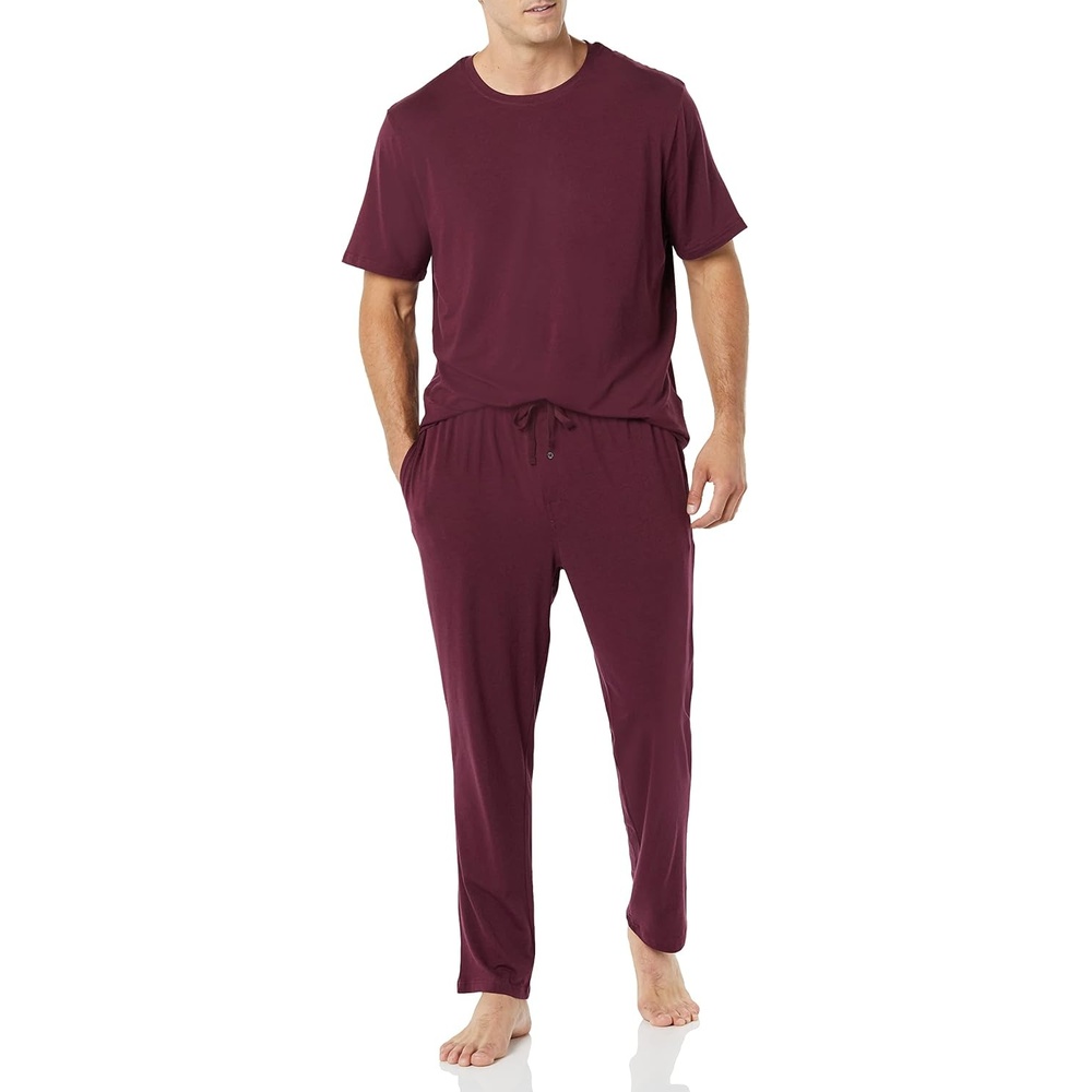 image:imageAmazon Essentials Mens Super Soft Modal Cotton Pajama Set TShirt and FullLength Bottoms LoungewearDark Burgundy