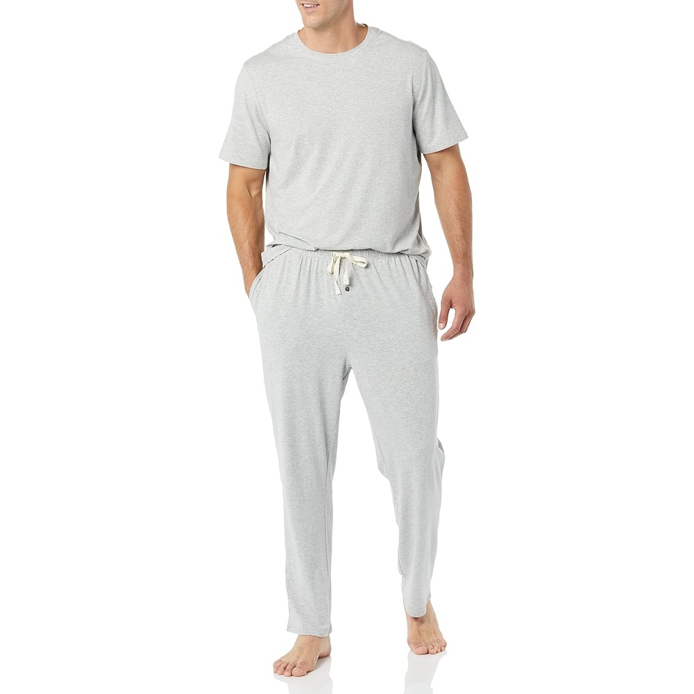 image:imageAmazon Essentials Mens Super Soft Modal Cotton Pajama Set TShirt and FullLength Bottoms LoungewearGrey Heather