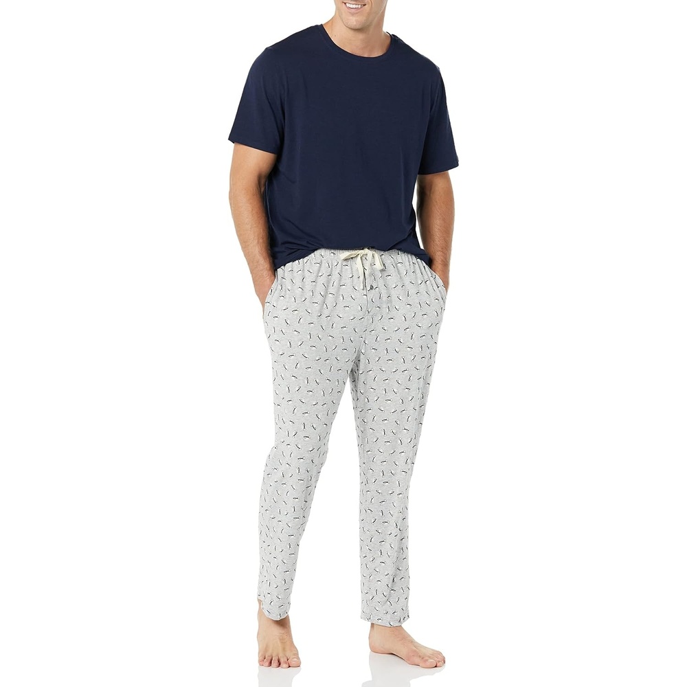 image:imageAmazon Essentials Mens Super Soft Modal Cotton Pajama Set TShirt and FullLength Bottoms LoungewearGrey Puffin